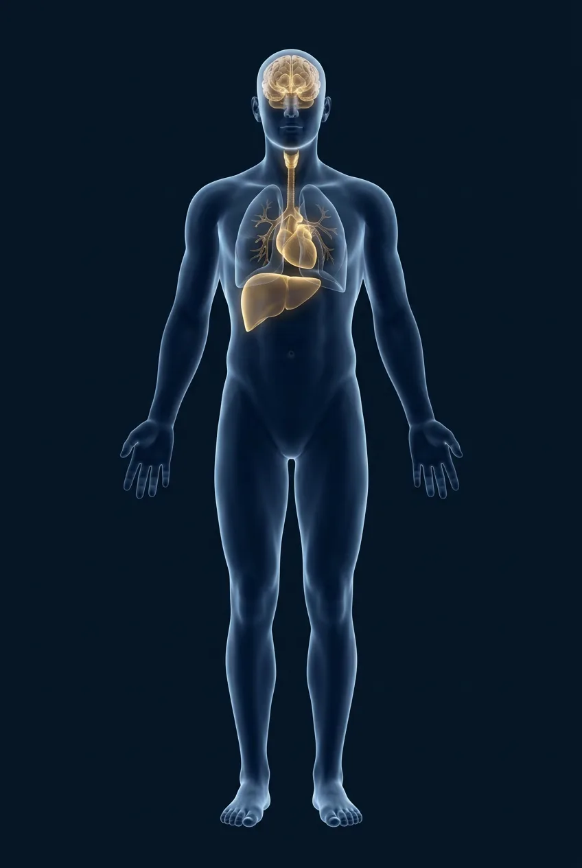 Corpo humano holográfico com os órgãos afetados pela apneia em destaque