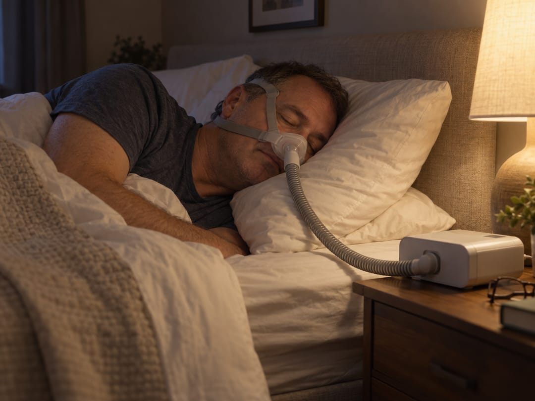 Pessoa dormindo com máscara de CPAP ligada ao equipamento ao lado da cama