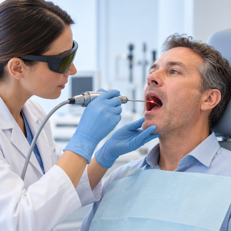 Profissional de óculos de proteção aplicando laser na garganta de um paciente, em consultório