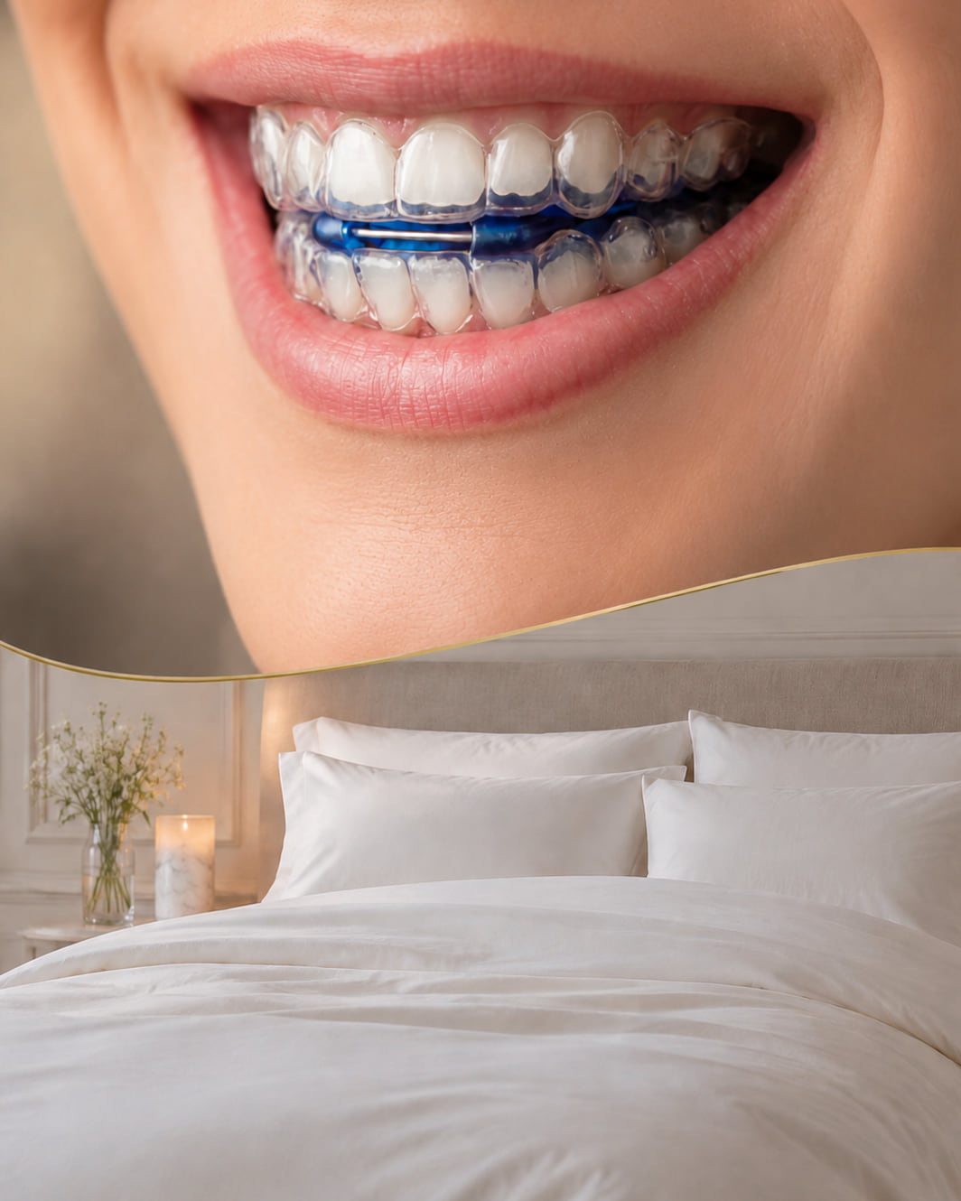 Close de uma boca com o aparelho intraoral encaixado e, abaixo, uma cama arrumada com roupa de cama branca.